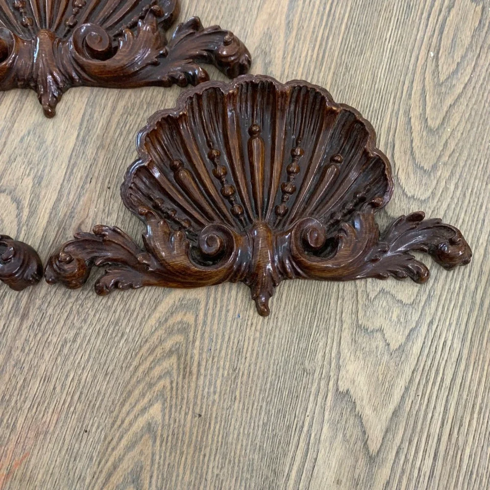 Set of 3 Vintage Faux Wood Shell Wall Plaques Rococo Scallop Ornate Brown Decor